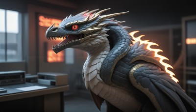 HQ,solo,open mouth,red eyes,teeth,indoors,blurry,from side,no humans,blurry background,fangs,fire,sharp teeth,colored sclera,monster,dragon,scales,computer,monitor,keyboard (computer),kaijuu,looking at viewer,glowing,slit pupils,office