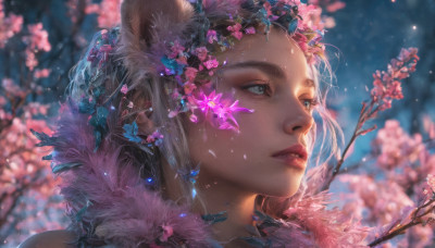 1girl, solo, blue eyes, brown hair, hair ornament, animal ears, flower, parted lips, hair flower, blurry, lips, eyelashes, depth of field, blurry background, looking away, portrait, pink flower, freckles, realistic, nose, branch