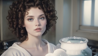 1girl,solo,looking at viewer,short hair,blue eyes,brown hair,holding,collarbone,upper body,parted lips,teeth,indoors,water,blurry,cup,lips,blurry background,portrait,freckles,curly hair,realistic,nose,eyelashes,window,messy hair,bowl