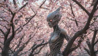 1girl, solo, breasts, red eyes, upper body, outdoors, tree, no humans, cherry blossoms, alien