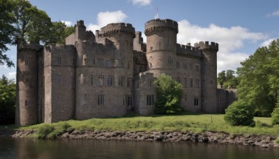 outdoors,sky,day,cloud,water,tree,blue sky,no humans,window,cloudy sky,grass,building,nature,scenery,forest,reflection,river,castle,tower,rock,fantasy,flag,bush,ruins,reflective water