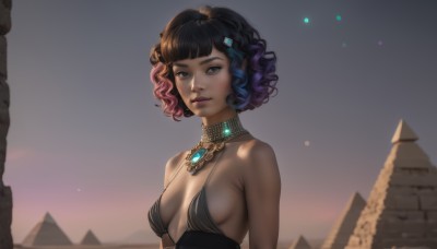 1girl,solo,breasts,looking at viewer,short hair,bangs,black hair,hair ornament,dress,bare shoulders,brown eyes,jewelry,medium breasts,closed mouth,upper body,pink hair,purple hair,multicolored hair,small breasts,outdoors,sky,artist name,dark skin,blunt bangs,necklace,black dress,two-tone hair,dark-skinned female,lips,grey eyes,no bra,sideboob,gradient hair,makeup,halterneck,watermark,gem,breasts apart,pendant,curly hair,realistic,nose,plunging neckline,cleavage,blue hair,black eyes,neck ring