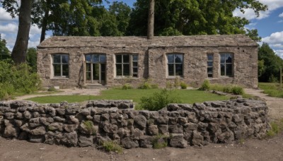 outdoors,sky,day,cloud,tree,blue sky,no humans,window,cloudy sky,grass,plant,building,nature,scenery,rock,door,road,bush,wall,ruins,house,path,forest,stone