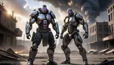 HQ,standing,purple eyes,weapon,male focus,outdoors,multiple boys,sky,cloud,2boys,armor,no humans,muscular,glowing,helmet,cloudy sky,fire,robot,building,mecha,glowing eyes,smoke,science fiction,city,sun,military vehicle,ruins,open hands,power armor,realistic,power lines