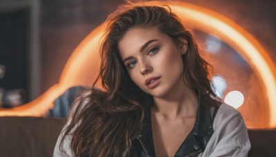 1girl,solo,long hair,looking at viewer,blue eyes,brown hair,collarbone,jacket,upper body,parted lips,teeth,mole,blurry,lips,looking to the side,blurry background,forehead,freckles,realistic,nose,red lips,denim jacket,artist name,head tilt,thick eyebrows,motor vehicle,car,leather jacket,car interior