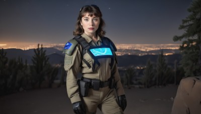 1girl,solo,long hair,looking at viewer,bangs,brown hair,gloves,long sleeves,brown eyes,closed mouth,standing,cowboy shot,outdoors,sky,black gloves,belt,medium hair,uniform,tree,lips,military,cosplay,military uniform,night,goggles,star (sky),night sky,science fiction,realistic,black hair,armor,blurry,scenery,clenched hands,goggles on head,emblem,holster,dirty