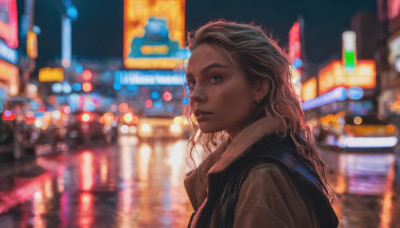 1girl, solo, long hair, looking at viewer, blue eyes, blonde hair, jewelry, jacket, upper body, earrings, outdoors, dark skin, blurry, from side, lips, night, depth of field, blurry background, city, realistic, nose, city lights, neon lights