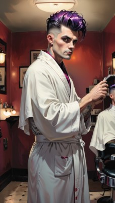 solo,short hair,black hair,1boy,holding,standing,closed eyes,purple hair,male focus,multicolored hair,japanese clothes,solo focus,indoors,from side,two-tone hair,lips,tattoo,makeup,robe,mirror,realistic,nose,arm tattoo,stool,comb,brushing hair,bathrobe,1girl,looking at viewer,bangs,long sleeves,brown eyes,jewelry,closed mouth,cowboy shot,earrings,multiple boys,shiny,black eyes,shiny hair,scar,helmet,very short hair,undercut