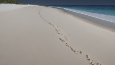 outdoors,sky,day,water,tree,no humans,ocean,beach,scenery,sand,horizon,shore,footprints,cloud,blue sky,shadow,bird,grass,ground vehicle,motor vehicle,waves