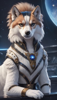 solo,looking at viewer,1boy,jewelry,upper body,male focus,belt,black eyes,no humans,animal,brooch,gem,star (sky),furry,dog,space,furry male,body fur,white fur,planet,whiskers,earth (planet),fluffy,blue eyes,animal ears,brown eyes,closed mouth,sky,artist name,starry sky,brown fur