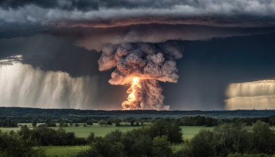 outdoors,sky,cloud,water,tree,no humans,cloudy sky,grass,fire,nature,scenery,forest,smoke,mountain,river,waterfall,landscape,solo,horizon,cliff