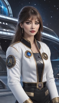 1girl,solo,long hair,breasts,looking at viewer,bangs,brown hair,shirt,long sleeves,cleavage,brown eyes,jewelry,medium breasts,jacket,earrings,belt,pants,lips,makeup,white jacket,lipstick,star (sky),science fiction,realistic,nose,red lips,space,planet,spacecraft,sky,artist name,night,black pants,starry sky,emblem