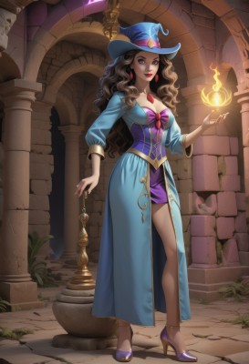 1girl,solo,long hair,breasts,looking at viewer,smile,skirt,brown hair,long sleeves,hat,dress,holding,cleavage,brown eyes,jewelry,medium breasts,closed mouth,standing,full body,earrings,shoes,artist name,indoors,necklace,high heels,lips,makeup,witch hat,blue dress,glowing,watermark,wavy hair,fire,plant,lipstick,staff,gem,corset,pendant,blue headwear,curly hair,fantasy,red lips,witch,magic,candle,purple headwear,purple footwear,pillar,flame,arch,blue eyes,bow,side slit