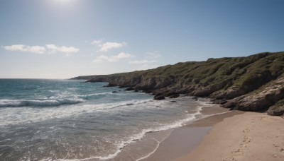 outdoors,sky,day,cloud,water,blue sky,no humans,ocean,beach,scenery,rock,mountain,sand,sun,horizon,waves,shore