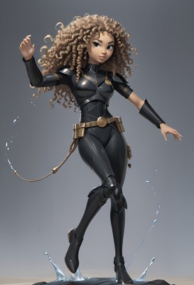 1girl,solo,long hair,breasts,looking at viewer,smile,brown hair,brown eyes,medium breasts,standing,full body,boots,belt,dark skin,grey background,water,armor,dark-skinned female,lips,gradient,gradient background,bodysuit,standing on one leg,skin tight,curly hair,pouch,bracer,knee pads,animification,splashing,belt pouch,superhero,simple background,artist name,mole under eye,makeup,watermark,breastplate,black bodysuit