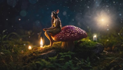 1girl,solo,long hair,breasts,black hair,dress,bare shoulders,sitting,outdoors,sky,barefoot,dark skin,hair bun,blurry,black dress,from side,dark-skinned female,bare arms,profile,night,depth of field,single hair bun,grass,fire,plant,star (sky),nature,night sky,scenery,light particles,candle,mushroom,hand on own knee,bokeh,fireflies,tree stump,closed eyes,looking up,rock,dark