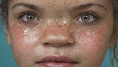 1girl,solo,looking at viewer,brown hair,1boy,brown eyes,closed mouth,artist name,blurry,lips,eyelashes,blue background,portrait,close-up,freckles,realistic,nose,eye focus,simple background,blood,injury,dirty