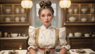 1girl,solo,looking at viewer,smile,short hair,brown hair,black hair,dress,brown eyes,upper body,braid,short sleeves,parted lips,food,puffy sleeves,indoors,hair bun,blurry,apron,cup,puffy short sleeves,lips,grey eyes,window,double bun,makeup,buttons,table,single hair bun,knife,lipstick,plate,teacup,realistic,red lips,lamp,kitchen,jar,counter,frills,white dress,blurry background,frilled sleeves,drinking glass,nose,straight-on