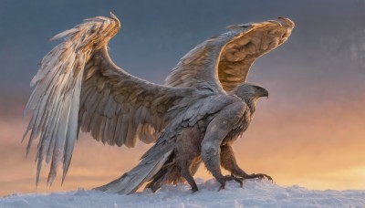 solo,open mouth,tail,yellow eyes,outdoors,wings,sky,cloud,from side,no humans,bird,animal,feathers,feathered wings,snow,flying,animal focus,gradient sky,talons,beak,spread wings,water,ocean,scenery,claws,monster,scales,kaijuu