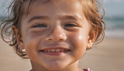 1girl,solo,looking at viewer,smile,short hair,open mouth,blue eyes,blonde hair,brown hair,parted lips,teeth,grin,blurry,lips,blurry background,portrait,close-up,realistic,1boy,male focus,black eyes,eyelashes,depth of field,half-closed eyes,messy hair,meme,nose