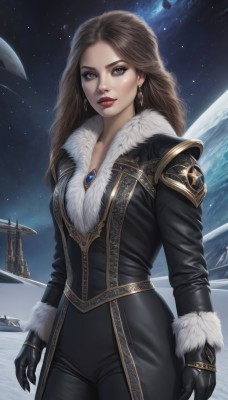 1girl,solo,long hair,breasts,looking at viewer,brown hair,gloves,long sleeves,brown eyes,jewelry,standing,cowboy shot,earrings,parted lips,sky,black gloves,pants,artist name,necklace,lips,coat,fur trim,makeup,night,black pants,lipstick,gem,star (sky),night sky,starry sky,gold trim,black coat,realistic,nose,arms at sides,red lips,space,planet,earth (planet),spacecraft,cleavage,medium breasts,jacket,crystal