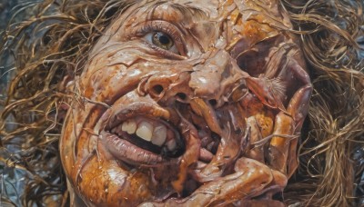 1girl,solo,looking at viewer,open mouth,brown hair,brown eyes,food,teeth,tongue,no humans,portrait,close-up,realistic,horror (theme),1boy,male focus