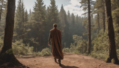 solo,short hair,black hair,long sleeves,1boy,standing,male focus,boots,outdoors,sky,day,cloud,from behind,cape,tree,dutch angle,sunlight,nature,scenery,forest,walking,light rays,bush,sunbeam,blood,grass,cloak