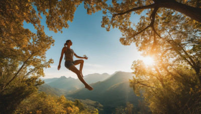 1girl, solo, outdoors, sky, shorts, barefoot, day, tree, sunlight, tank top, nature, scenery, mountain, sun