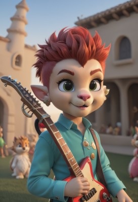 1girl,solo,looking at viewer,smile,short hair,shirt,long sleeves,1boy,holding,jewelry,green eyes,upper body,male focus,red hair,earrings,outdoors,solo focus,day,pointy ears,collared shirt,blurry,depth of field,blurry background,piercing,grass,blue shirt,building,instrument,ear piercing,child,furry,freckles,guitar,male child,badge,playing instrument,holding instrument,sky,artist name,blue sky