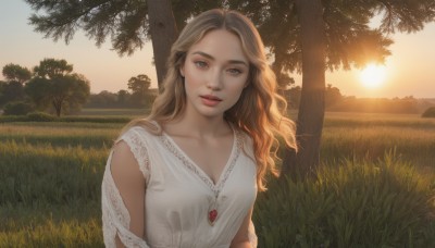 1girl,solo,long hair,breasts,looking at viewer,blonde hair,brown hair,dress,cleavage,brown eyes,jewelry,medium breasts,collarbone,upper body,outdoors,parted lips,sleeveless,necklace,white dress,tree,lips,grey eyes,wavy hair,sunlight,grass,nature,scenery,sunset,realistic,sun,teeth,field