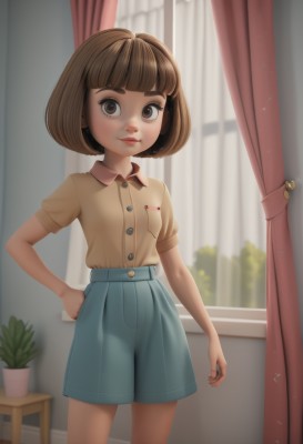 1girl,solo,looking at viewer,smile,short hair,bangs,skirt,brown hair,shirt,brown eyes,closed mouth,standing,short sleeves,cowboy shot,shorts,day,collared shirt,artist name,indoors,blunt bangs,blurry,lips,blue skirt,hand on hip,window,buttons,blurry background,bob cut,plant,curtains,child,blue shorts,pocket,yellow shirt,female child,shirt tucked in,potted plant,breast pocket,table,thick eyebrows,brown shirt