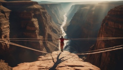 solo,black hair,1boy,standing,weapon,male focus,outdoors,from behind,tree,sunlight,outstretched arms,scenery,smoke,science fiction,light rays,mountain,ruins,dust,shadow,realistic,desert