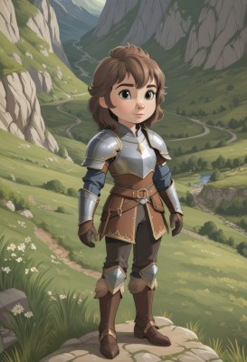 1girl,solo,looking at viewer,smile,short hair,bangs,brown hair,gloves,brown eyes,closed mouth,standing,full body,flower,boots,outdoors,belt,pants,medium hair,water,armor,lips,brown footwear,thick eyebrows,knee boots,grass,shoulder armor,gauntlets,child,nature,brown gloves,pauldrons,breastplate,rock,mountain,brown belt,armored boots,leather,greaves,brown pants,faulds,river,cliff,plate armor,blue eyes,black pants,arms at sides