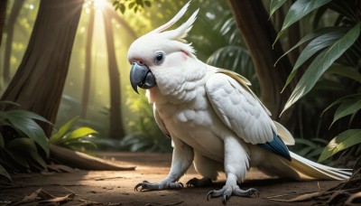 HQ,solo,closed mouth,full body,outdoors,wings,day,signature,blurry,black eyes,tree,no humans,bird,animal,sunlight,feathers,plant,nature,forest,light rays,realistic,animal focus,talons,beak,looking at viewer,blue eyes,standing,leaf,claws,rabbit