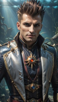 solo,looking at viewer,short hair,brown hair,black hair,1boy,brown eyes,jewelry,closed mouth,jacket,upper body,male focus,open clothes,belt,black eyes,vest,open jacket,lips,facial hair,sunlight,spiked hair,brooch,gem,fish,light rays,underwater,realistic,coral,seaweed,blue eyes,blonde hair,shirt,scar,plant,undercut,medal