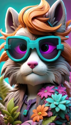 solo,long hair,looking at viewer,shirt,1boy,animal ears,jewelry,closed mouth,purple eyes,upper body,flower,male focus,outdoors,artist name,necklace,orange hair,blurry,animal,cat,sunglasses,goggles,furry,pink flower,blue flower,purple flower,furry male,animal nose,brown hair,multicolored hair,virtual youtuber,gradient,gradient background,leaf,watermark,portrait,zipper,freckles,bouquet,straight-on,brown fur