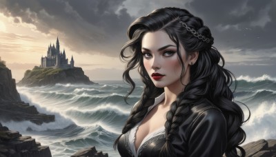 1girl,solo,long hair,breasts,looking at viewer,blush,black hair,dress,cleavage,jewelry,medium breasts,closed mouth,collarbone,upper body,braid,earrings,outdoors,sky,artist name,cloud,signature,water,black eyes,black dress,twin braids,lips,grey eyes,eyelashes,makeup,bird,ocean,beach,cloudy sky,lipstick,freckles,mountain,red lips,castle,ship,waves,cliff,lighthouse,day,sunlight,sun,gothic