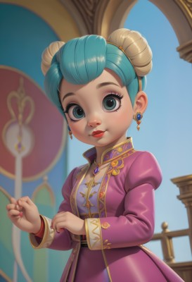 1girl,solo,breasts,looking at viewer,smile,short hair,blue eyes,long sleeves,dress,jewelry,closed mouth,green eyes,blue hair,upper body,multicolored hair,earrings,puffy sleeves,shiny,necklace,hair bun,nail polish,blurry,aqua eyes,lips,coat,fingernails,eyelashes,double bun,aqua hair,makeup,blurry background,lipstick,juliet sleeves,brooch,gem,pink dress,red nails,purple dress,freckles,gold trim,red lips,single hair bun