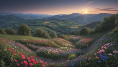 flower,outdoors,sky,cloud,tree,no humans,sunlight,grass,plant,red flower,nature,scenery,pink flower,forest,blue flower,sunset,mountain,purple flower,sun,bush,field,river,flower field,landscape,mountainous horizon,gradient sky,path,cloudy sky,horizon,evening,sunrise