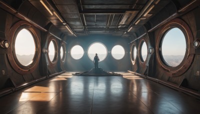 1girl,solo,black hair,1boy,standing,indoors,water,from behind,shadow,sunlight,scenery,reflection,science fiction,facing away,wide shot,reflective floor,long hair,sky,day,cloud,window,cable,very wide shot