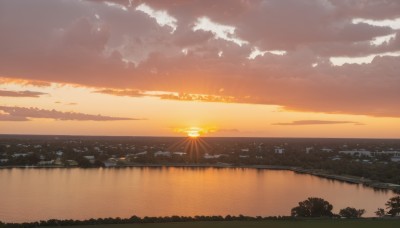 outdoors,sky,cloud,water,tree,no humans,ocean,beach,sunlight,cloudy sky,building,nature,scenery,forest,reflection,sunset,mountain,sun,horizon,river,landscape,shore,orange sky,bird,lens flare,lake,island