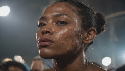 1girl,solo,looking at viewer,short hair,black hair,1boy,jewelry,parted lips,dark skin,water,necklace,hair bun,blurry,black eyes,dark-skinned female,lips,wet,depth of field,blurry background,single hair bun,portrait,freckles,realistic,very dark skin,brown eyes,male focus,sweat,dark-skinned male