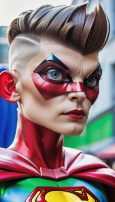 1girl,solo,looking at viewer,short hair,brown hair,closed mouth,upper body,cape,blurry,lips,grey eyes,bodysuit,makeup,mask,blurry background,lipstick,portrait,realistic,red cape,red lips,superhero,red bodysuit,domino mask,blue eyes,blonde hair,1boy,male focus,artist name