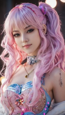 1girl,solo,long hair,breasts,looking at viewer,smile,bangs,hair ornament,dress,cleavage,bare shoulders,twintails,jewelry,medium breasts,closed mouth,underwear,upper body,pink hair,hairband,choker,artist name,necklace,bra,mole,blurry,black eyes,lips,eyelashes,makeup,blurry background,wavy hair,gem,mole under mouth,pink lips,realistic,pink bra,green eyes,heart,earrings,grey eyes,watermark,thick eyebrows,mole on breast,mascara,mole on cheek