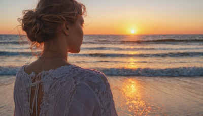 1girl, solo, brown hair, jewelry, upper body, earrings, outdoors, sky, water, necklace, hair bun, from behind, blurry, blurry background, ocean, beach, single hair bun, sunset, sun, horizon