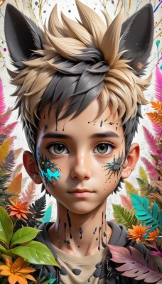 solo,looking at viewer,short hair,blonde hair,brown hair,shirt,black hair,1boy,animal ears,brown eyes,closed mouth,jacket,upper body,flower,grey hair,male focus,multicolored hair,cat ears,two-tone hair,lips,black jacket,grey eyes,eyelashes,leaf,plant,portrait,extra ears,freckles,nose,paint splatter,artist name,feathers,spiked hair,dog ears