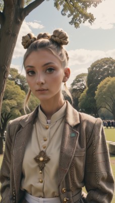 1girl,solo,looking at viewer,smile,skirt,blonde hair,brown hair,shirt,long sleeves,twintails,brown eyes,jewelry,closed mouth,jacket,white shirt,upper body,earrings,outdoors,parted lips,open clothes,sky,day,collared shirt,cloud,necklace,hair bun,open jacket,tree,lips,grey eyes,double bun,buttons,forehead,pocket,brown jacket,realistic,nose,hands in pockets,black hair,grey hair,multicolored hair,pants,artist name,two-tone hair,single hair bun,denim