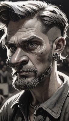 solo,looking at viewer,short hair,shirt,1boy,jewelry,jacket,monochrome,upper body,greyscale,male focus,earrings,parted lips,necklace,blurry,grey eyes,facial hair,scar,portrait,beard,scar on face,realistic,mustache,manly,old,old man,mohawk,closed mouth,white hair,blurry background,bandages,zipper,leather,wrinkled skin