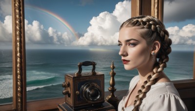 1girl,solo,long hair,looking at viewer,blue eyes,brown hair,shirt,dress,holding,jewelry,white shirt,upper body,braid,earrings,parted lips,sky,day,cloud,indoors,water,twin braids,from side,blue sky,lips,window,makeup,ocean,cloudy sky,lipstick,hair over shoulder,reflection,realistic,nose,camera,horizon,red lips,rainbow,waves,holding camera,breasts,cleavage,medium breasts,outdoors,white dress,sunlight,photo (object),picture frame,painting (object),portrait (object)