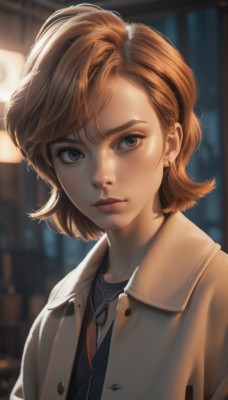 1girl,solo,looking at viewer,short hair,bangs,brown hair,shirt,brown eyes,jewelry,jacket,upper body,earrings,parted lips,open clothes,necklace,blurry,lips,eyelashes,buttons,blurry background,freckles,realistic,nose,green eyes,artist name,coat,depth of field,backlighting